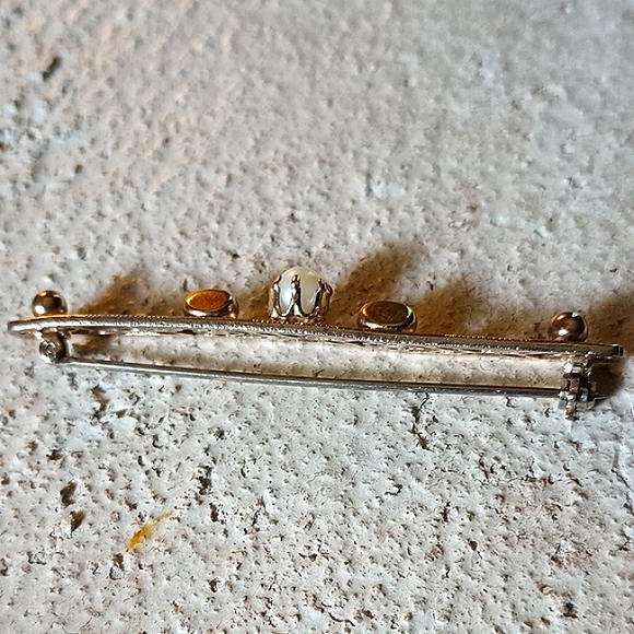 Vintage Art Nouveau Era Openwork Gold Tone Faux Seed Pearl Bar Brooch La… - Picture 6 of 9